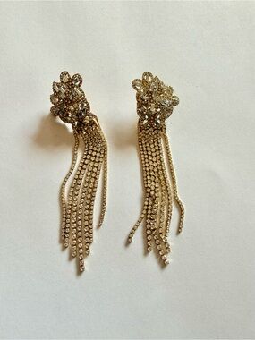 Gold Crystal Dangle Tassel Earrings - Women's Evening Jewelry